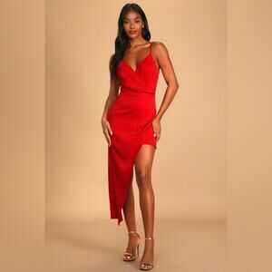 NWT Flawed Lulu's Let’s Celebrate Tonight Red Satin Asymmetrical Dress Mini Midi